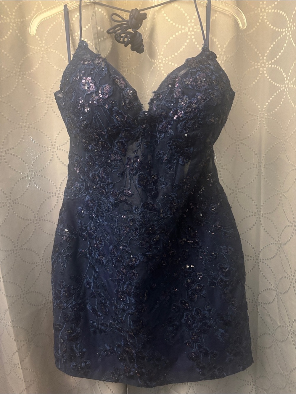 Stacees Bark blue sequence Floral Lace Mini Slip Dress with Spaghetti Straps